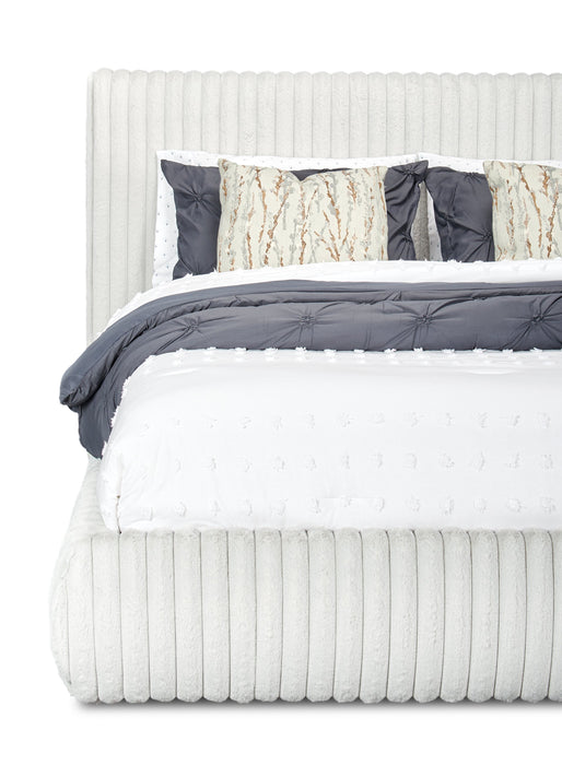 Aria Upholstered Platform Bed in Grey Fabric, Tufted - Queen Size