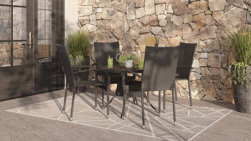 Arizona 5-Piece Outdoor Patio Set with Round Table & 4 Chairs - Hand-Woven Resin Wicker, Round Glass Table Top, UV & Weather Resistant - Black
