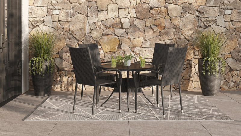 Arizona 5-Piece Outdoor Patio Set with Round Table & 4 Chairs - Hand-Woven Resin Wicker, Round Glass Table Top, UV & Weather Resistant - Black