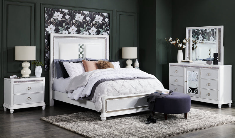 Ava Bedside 2-Drawer Nightstand with LED Light, 32.5\"W x 28\"H, Glam - White