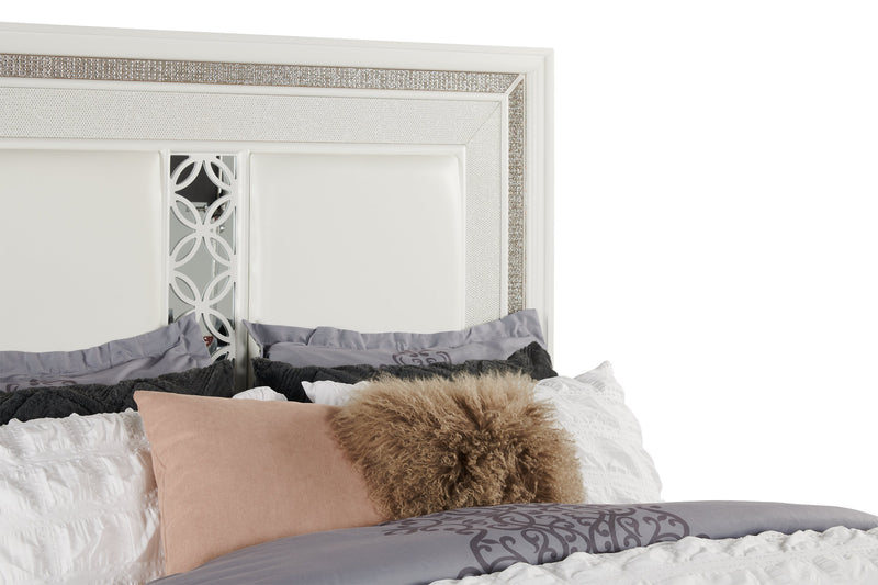 Ava Panel Bed with Headboard & Frame, LED, Glam, White - Queen Size