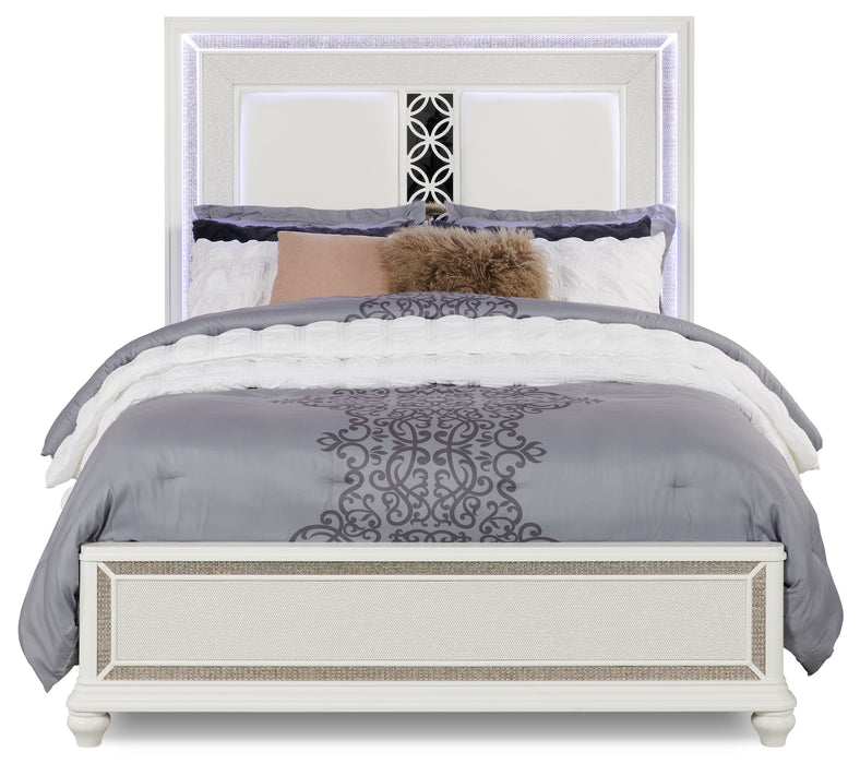 Ava Panel Bed with Headboard & Frame, LED, Glam, White - Queen Size