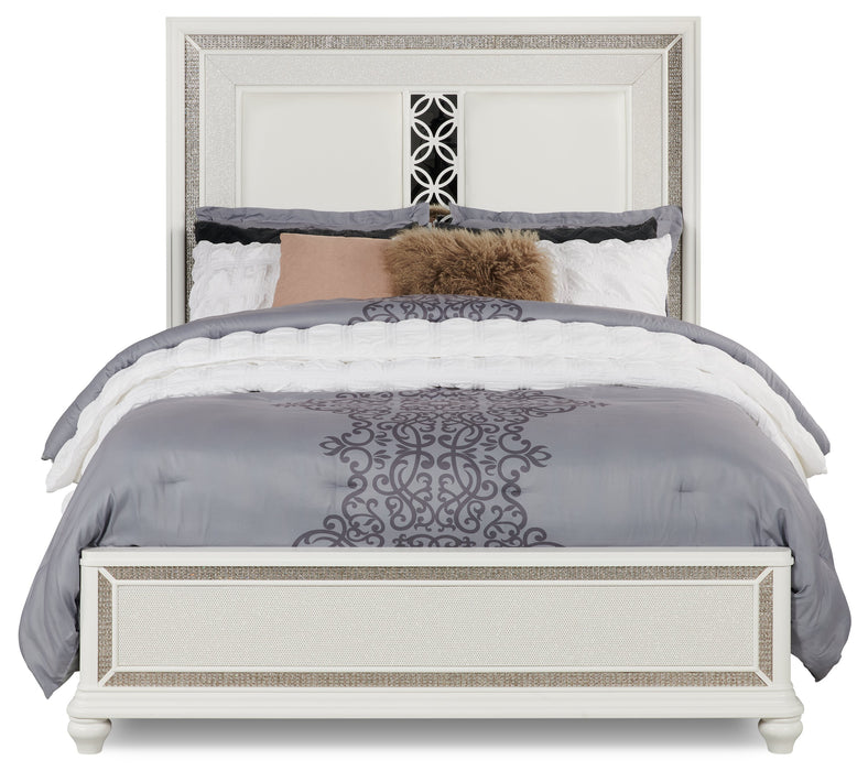 Ava Panel Bed with Headboard & Frame, LED, Glam, White - Queen Size