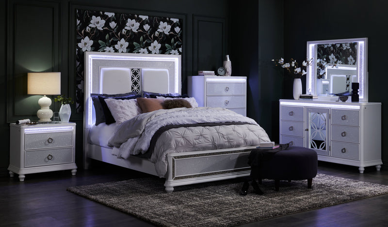 Ava Panel Bed with Headboard & Frame, LED, Glam, White - Queen Size