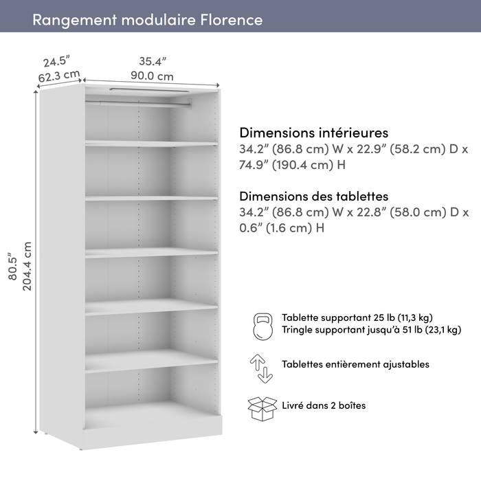 Bestar Florence 35\" Modular Reach-In/Walk-In Closet System with LED Light and Shelves - White
