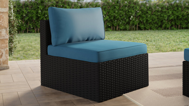 Barbados Armless Outdoor Patio Chair - Hand-Woven Resin Wicker, UV & Weather Resistant - Black/Blue
