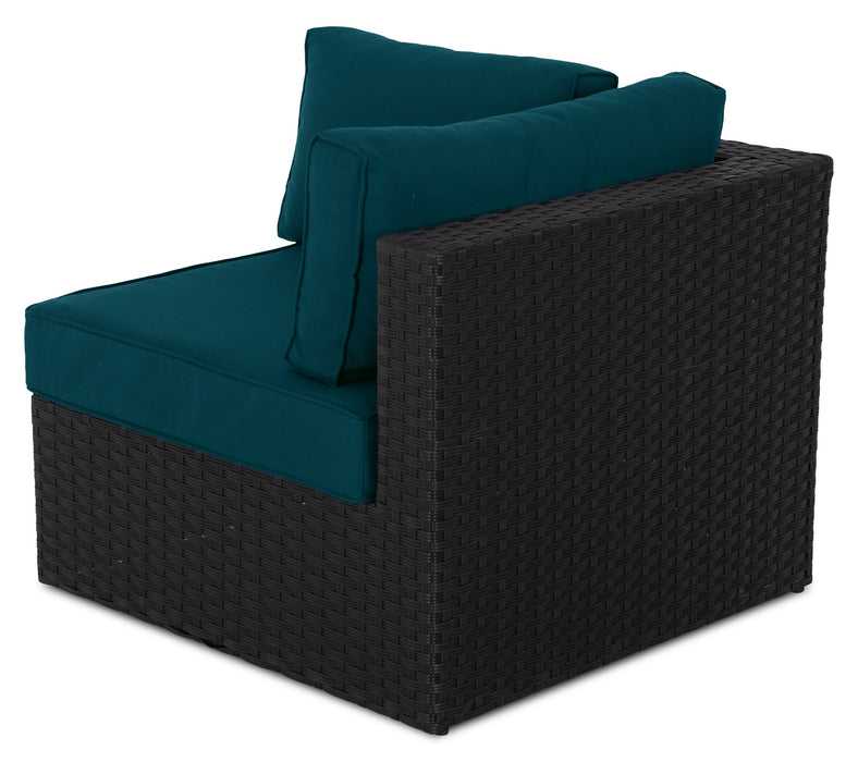 Barbados Corner Outdoor Patio Chair - Hand-Woven Resin Wicker, UV & Weather Resistant - Black/Blue