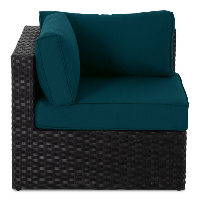 Barbados Corner Outdoor Patio Chair - Hand-Woven Resin Wicker, UV & Weather Resistant - Black/Blue