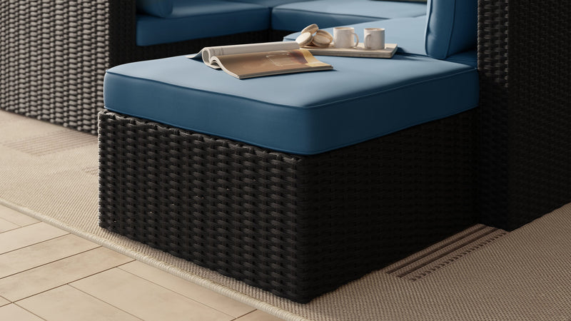 Barbados Outdoor Patio Ottoman - Hand-Woven Resin Wicker, UV & Weather Resistant - Black/Blue