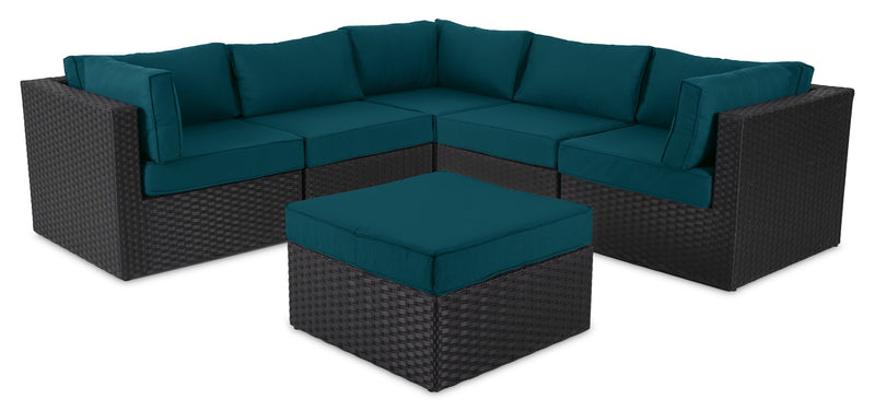 Barbados Outdoor Patio Ottoman - Hand-Woven Resin Wicker, UV & Weather Resistant - Black/Blue