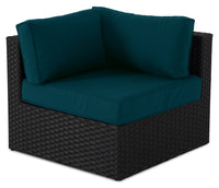 Barbados Corner Outdoor Patio Chair - Hand-Woven Resin Wicker, UV & Weather Resistant - Black/Blue 