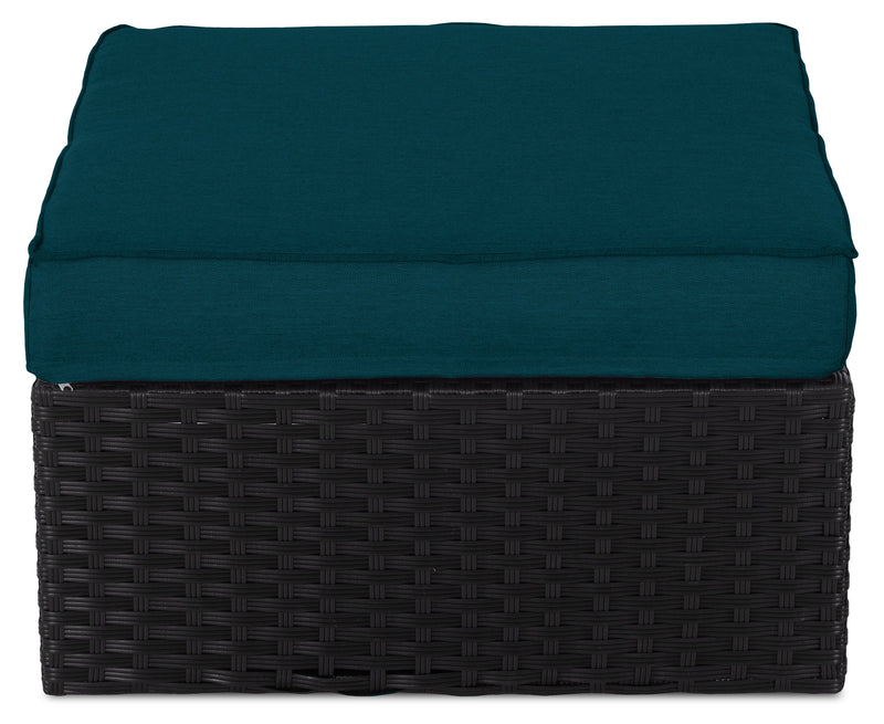 Barbados Outdoor Patio Ottoman - Hand-Woven Resin Wicker, UV & Weather Resistant - Black/Blue