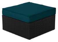 Barbados Outdoor Patio Ottoman - Hand-Woven Resin Wicker, UV & Weather Resistant - Black/Blue 