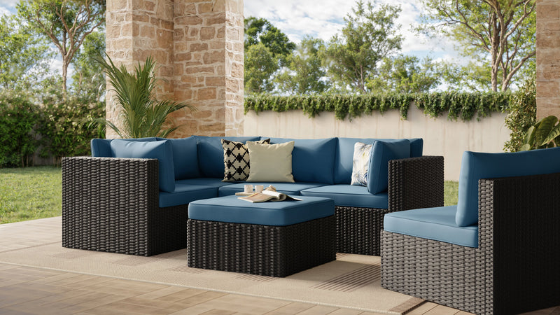 Barbados 6-Piece Outdoor Patio Set with 3 Corner Chairs, 2 Armless Chairs & Ottoman - Hand-Woven Resin Wicker, UV & Weather Resistant - Black/Blue