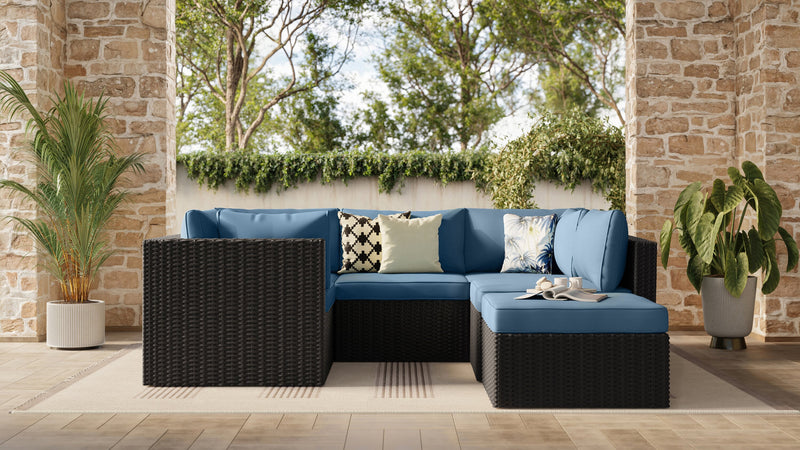 Barbados 6-Piece Outdoor Patio Set with 3 Corner Chairs, 2 Armless Chairs & Ottoman - Hand-Woven Resin Wicker, UV & Weather Resistant - Black/Blue