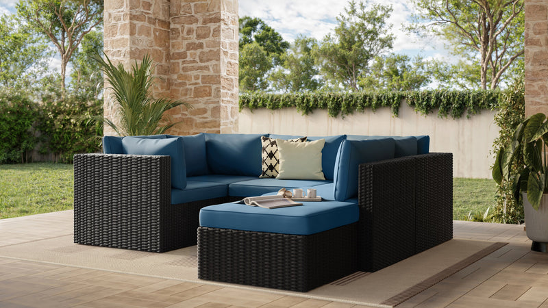 Barbados 6-Piece Outdoor Patio Set with 3 Corner Chairs, 2 Armless Chairs & Ottoman - Hand-Woven Resin Wicker, UV & Weather Resistant - Black/Blue