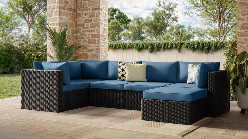 Barbados 6-Piece Outdoor Patio Set with 3 Corner Chairs, 2 Armless Chairs & Ottoman - Hand-Woven Resin Wicker, UV & Weather Resistant - Black/Blue