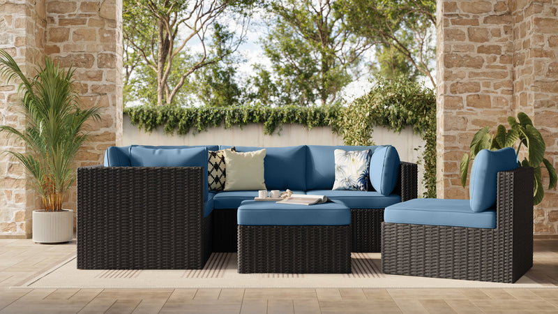 Barbados 6-Piece Outdoor Patio Set with 3 Corner Chairs, 2 Armless Chairs & Ottoman - Hand-Woven Resin Wicker, UV & Weather Resistant - Black/Blue