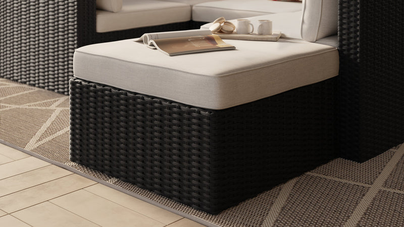 Barbados Outdoor Patio Ottoman - Hand-Woven Resin Wicker, UV & Weather Resistant - Black/Grey