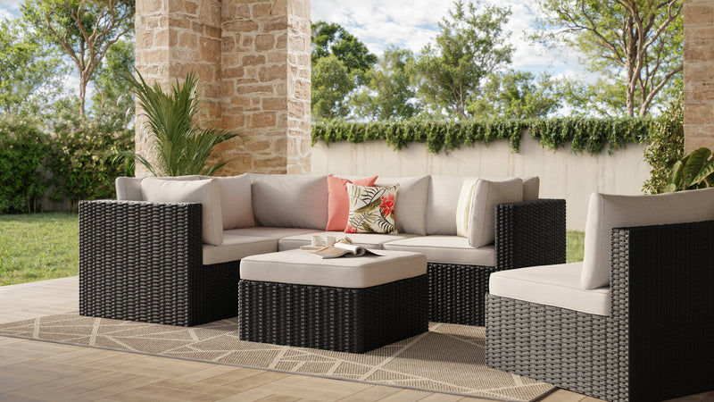 Barbados 6-Piece Outdoor Patio Set with 3 Corner Chairs, 2 Armless Chairs & Ottoman - Hand-Woven Resin Wicker, UV & Weather Resistant - Black/Grey
