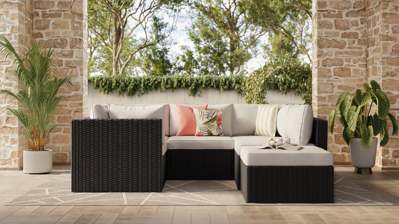 Barbados 6-Piece Outdoor Patio Set with 3 Corner Chairs, 2 Armless Chairs & Ottoman - Hand-Woven Resin Wicker, UV & Weather Resistant - Black/Grey