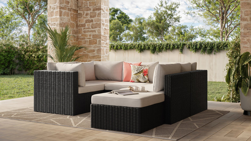 Barbados 6-Piece Outdoor Patio Set with 3 Corner Chairs, 2 Armless Chairs & Ottoman - Hand-Woven Resin Wicker, UV & Weather Resistant - Black/Grey