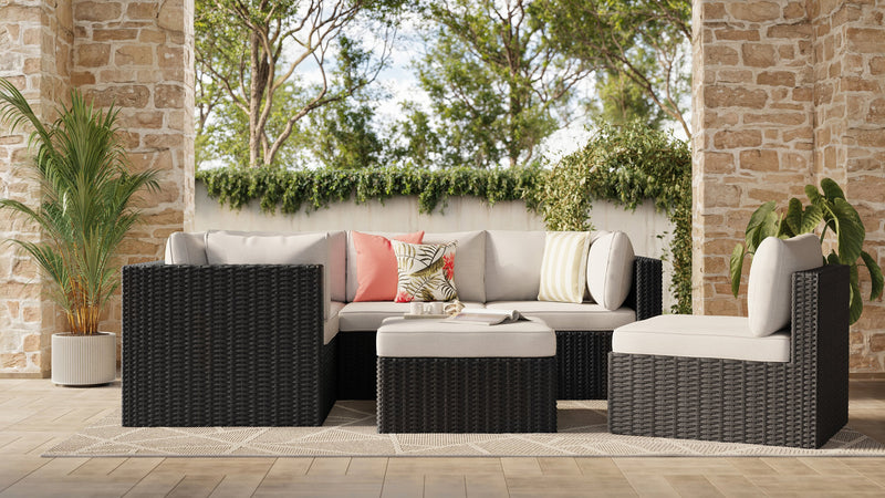 Barbados 6-Piece Outdoor Patio Set with 3 Corner Chairs, 2 Armless Chairs & Ottoman - Hand-Woven Resin Wicker, UV & Weather Resistant - Black/Grey