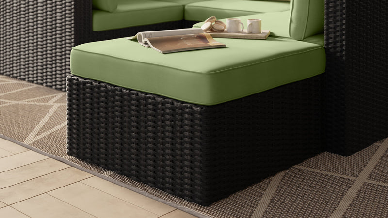 Barbados Outdoor Patio Ottoman - Hand-Woven Resin Wicker, UV & Weather Resistant - Black/Green
