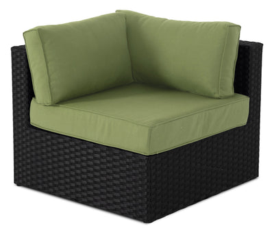 Barbados Corner Outdoor Patio Chair - Hand-Woven Resin Wicker, UV & Weather Resistant - Black/Green | Fauteuil en coin Barbados pour la terrasse à l’extérieur - osier en résine tressé à la main, résistant aux rayons UV et aux intempéries - noir et vert