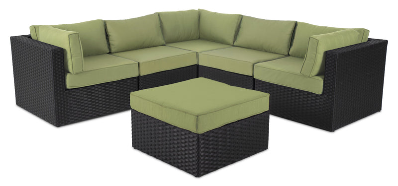 Barbados 6-Piece Outdoor Patio Set with 3 Corner Chairs, 2 Armless Chairs & Ottoman - Hand-Woven Resin Wicker, UV & Weather Resistant - Black/Green