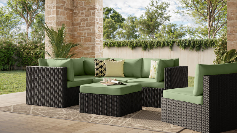 Barbados 6-Piece Outdoor Patio Set with 3 Corner Chairs, 2 Armless Chairs & Ottoman - Hand-Woven Resin Wicker, UV & Weather Resistant - Black/Green