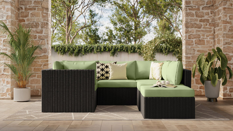 Barbados 6-Piece Outdoor Patio Set with 3 Corner Chairs, 2 Armless Chairs & Ottoman - Hand-Woven Resin Wicker, UV & Weather Resistant - Black/Green
