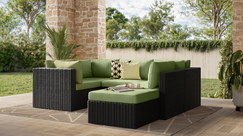 Barbados 6-Piece Outdoor Patio Set with 3 Corner Chairs, 2 Armless Chairs & Ottoman - Hand-Woven Resin Wicker, UV & Weather Resistant - Black/Green