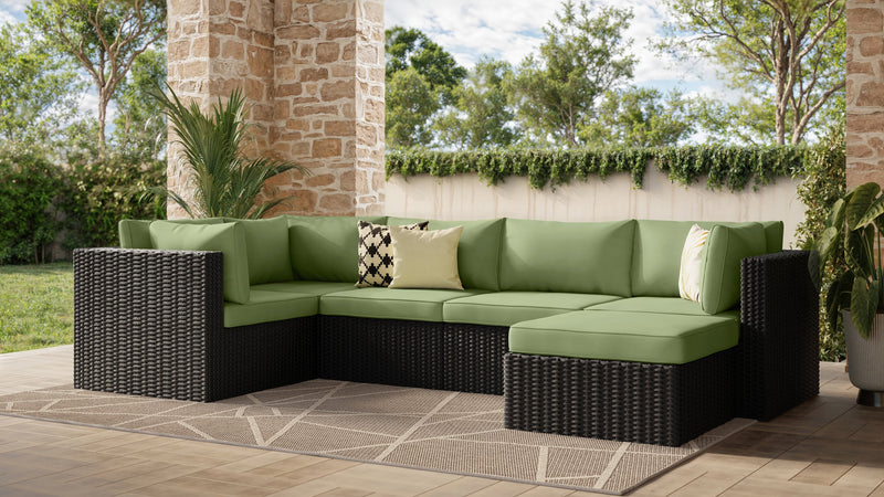 Barbados 6-Piece Outdoor Patio Set with 3 Corner Chairs, 2 Armless Chairs & Ottoman - Hand-Woven Resin Wicker, UV & Weather Resistant - Black/Green