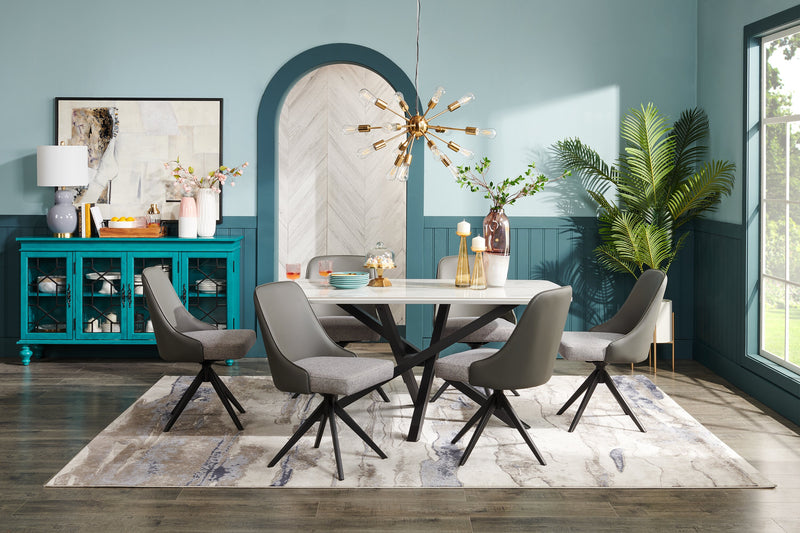 Bari Dining Table with Marble-Look Ceramic Top, Metal, Geometric Base, 63\"W - White