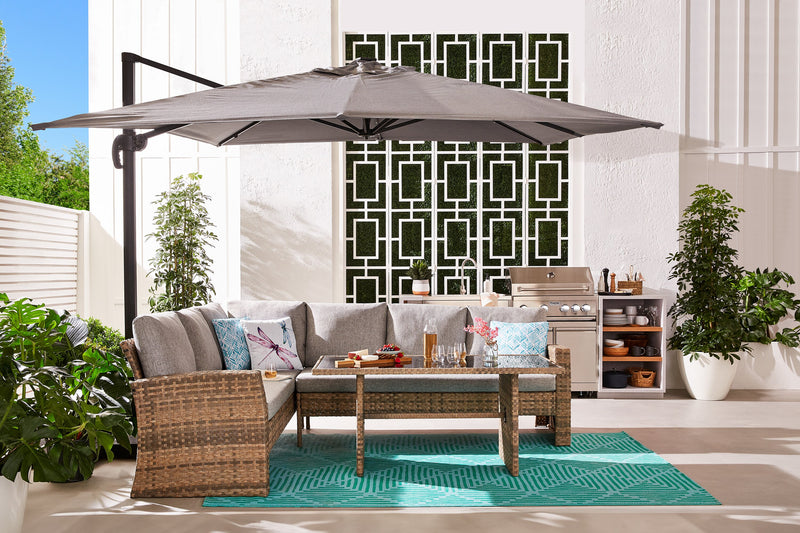 Bergen 3-Piece Outdoor Patio Conversation Set with L-Shape Sectional & Glass Top Dining Height Table - Hand-Woven Resin Wicker, UV & Weather Resistant - Grey