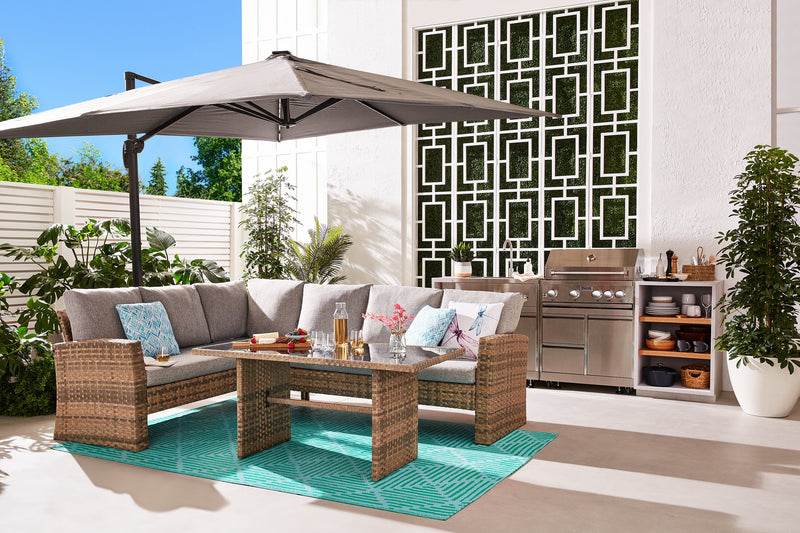 Bergen 3-Piece Outdoor Patio Conversation Set with L-Shape Sectional & Glass Top Dining Height Table - Hand-Woven Resin Wicker, UV & Weather Resistant - Grey