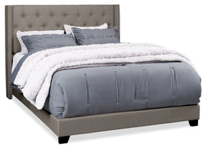 Brady Upholstered Wingback Bed in Light Grey Fabric with Nailhead Design, Button Tufted - King Size