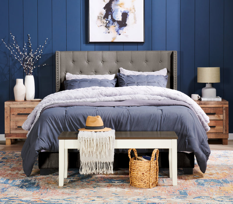 Brady Upholstered Wingback Bed in Light Grey Fabric with Nailhead Design, Button Tufted - King Size