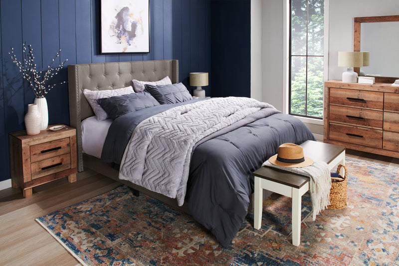 Brady Upholstered Wingback Bed in Light Grey Fabric with Nailhead Design, Button Tufted - King Size