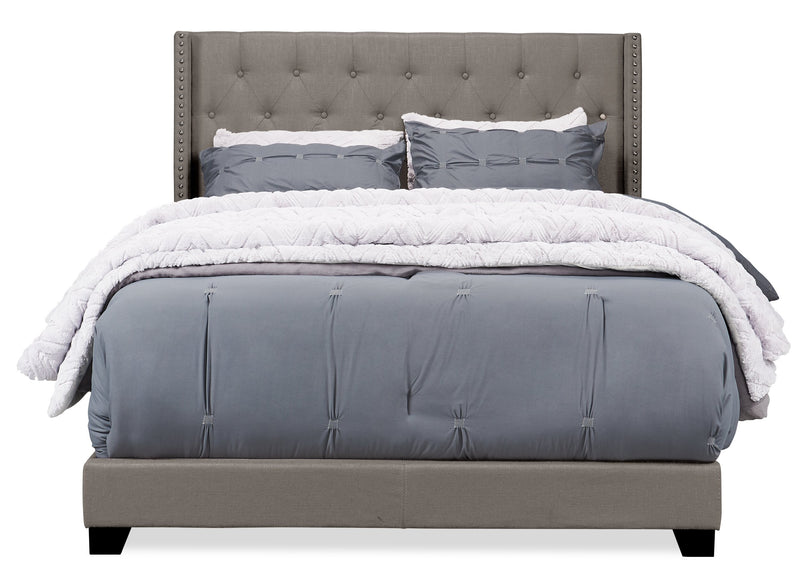 Brady Upholstered Wingback Bed in Light Grey Fabric with Nailhead Design, Button Tufted - King Size
