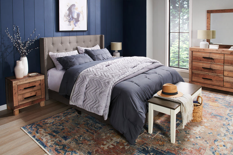 Brady Upholstered Wingback Bed in Light Grey Fabric with Nailhead Design, Button Tufted - Queen Size