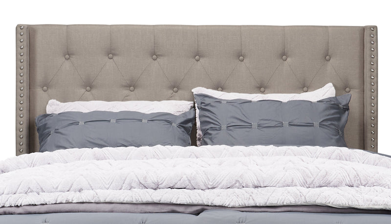 Brady Upholstered Wingback Bed in Light Grey Fabric with Nailhead Design, Button Tufted - Queen Size