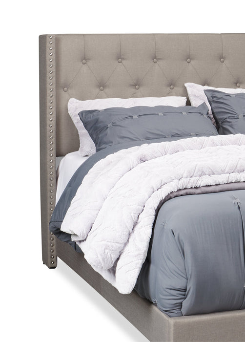 Brady Upholstered Wingback Bed in Light Grey Fabric with Nailhead Design, Button Tufted - Queen Size