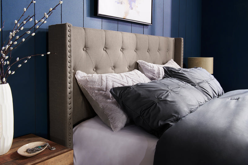 Brady Upholstered Wingback Bed in Light Grey Fabric with Nailhead Design, Button Tufted - Queen Size