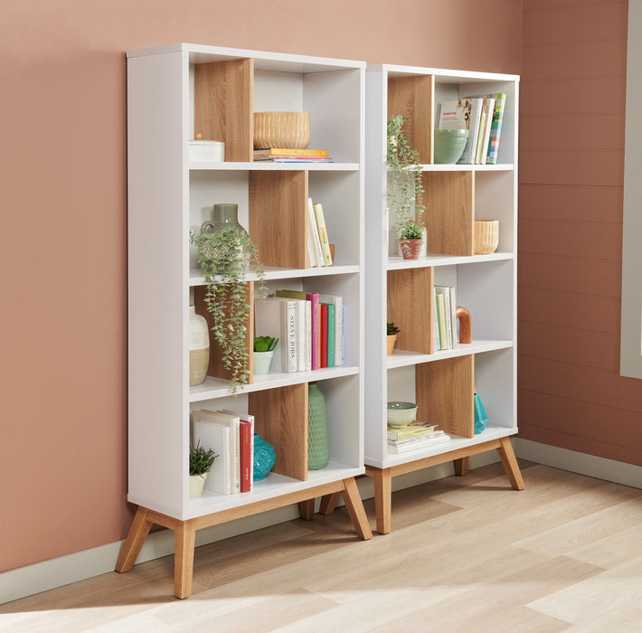 Bremen 32.75\" Bookcase With 4 Staggered Shelves - White and Light Brown 