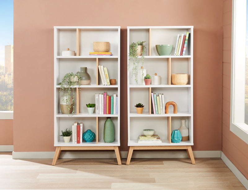 Bremen 32.75\" Bookcase With 4 Staggered Shelves - White and Light Brown 