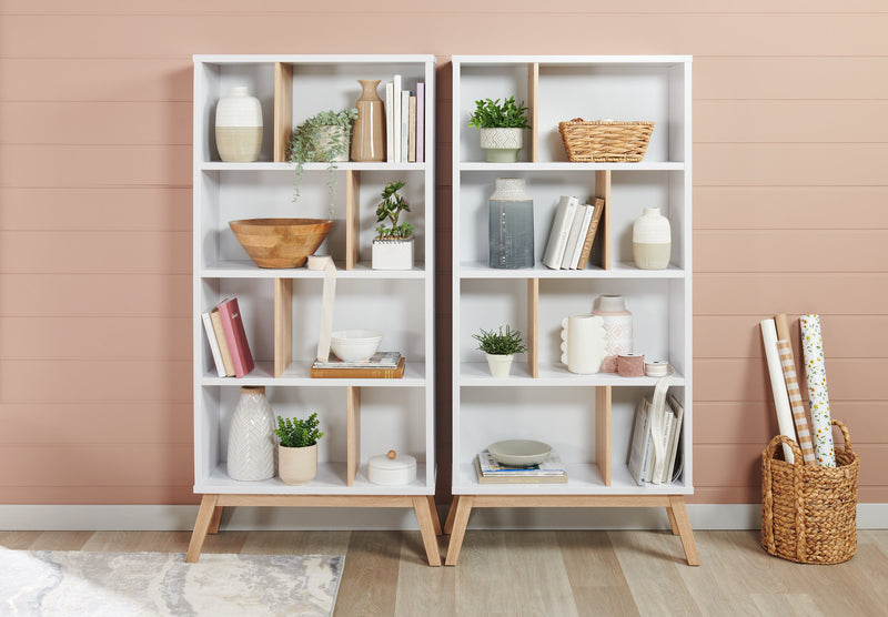 Bremen 32.75\" Bookcase With 4 Staggered Shelves - White and Light Brown 