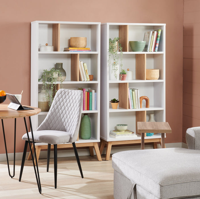 Bremen 32.75\" Bookcase With 4 Staggered Shelves - White and Light Brown 