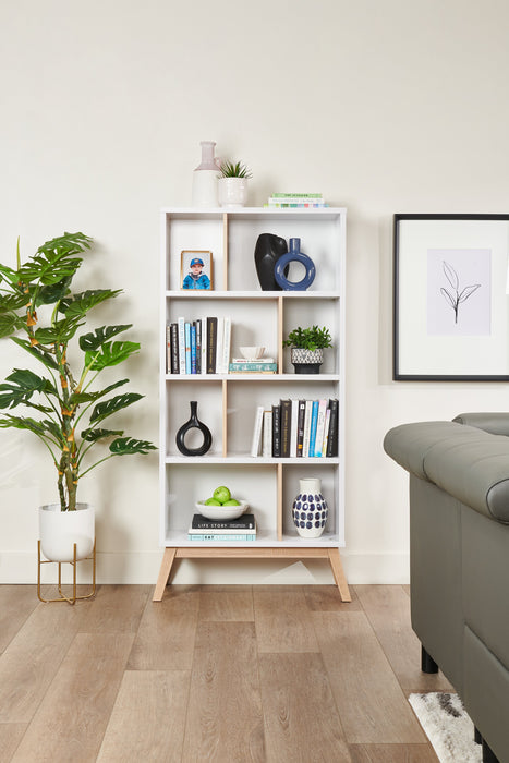 Bremen 32.75\" Bookcase With 4 Staggered Shelves - White and Light Brown 